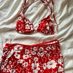 Vintage Women’s Red Floral Two-Piece Swim Set - bikini top and swim pant coverup